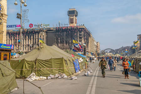KIEV, UKRAINE - MARCH 22, 2014: People still living at Maidan square and Khreshchatyk street to maintain Revolution and waiting for the Presidential elections.のeditorial素材