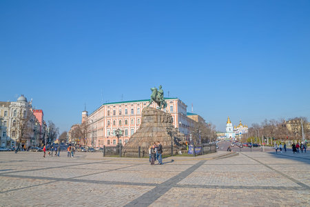 KIEV, UKRAINE - MARCH 22, 2014: People sightseeing The Khmelnytsky Monument. Statue was installed in...