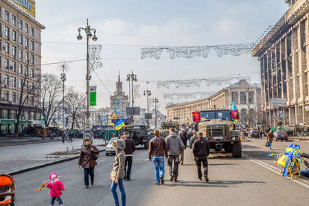 KIEV, UKRAINE - MARCH 22, 2014: People visiting Maidan square and barricades on the Khreshchatyk street, witch still stand and waiting for the Presidential elections.のeditorial素材