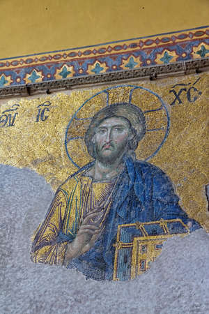 ISTANBUL, TURKEY - SEPTEMBER 27, 2013: Mosaic of Jesus on the wall in Hagia Sophia ancient basilica. Hagia Sophia served as a model for many other Ottoman mosques.のeditorial素材