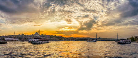 ISTANBUL, TURKEY - SEPTEMBER 28, 2013: Panorama of Istanbul from the Galata Bridge towards Golden Horn Metro Bridge.のeditorial素材