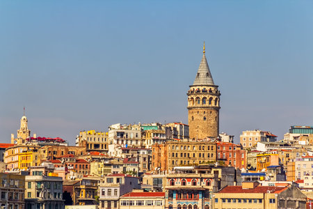 ISTANBUL, TURKEY - SEPTEMBER 29, 2013: Looking towards the Beyoglu district and Galata Tower from sea side.のeditorial素材