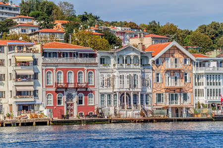 ISTANBUL, TURKEY - SEPTEMBER 29, 2013: View of the first raw of the old finest Ottoman era waterfront houses in Yenikoy.のeditorial素材