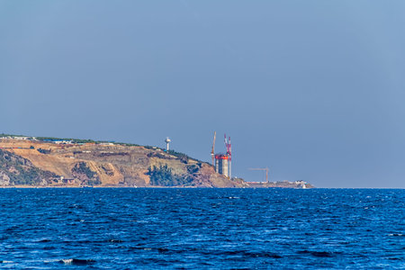 View of the Yavuz Sultan Selim Bridge, initially named the Third Bosphorus Bridge under construction on northernmost district Sariyer, sailing Bosporus.の写真素材