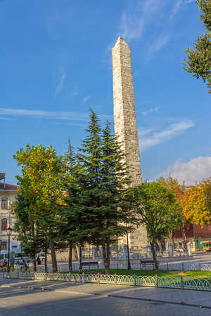 ISTANBUL, TURKEY - SEPTEMBER 27, 2013: The Walled Column Orme Sutun at Sultanahmet park, monumental Tourist attraction constructed in 330 AD.のeditorial素材