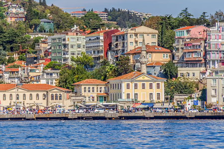 ISTANBUL, TURKEY - SEPTEMBER 29, 2013: View of the Arnavutkoy residental buildings sailing Bosporus.のeditorial素材