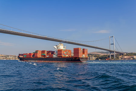 Long red container ship sailing under the the First Bosphorus Bridge.のeditorial素材