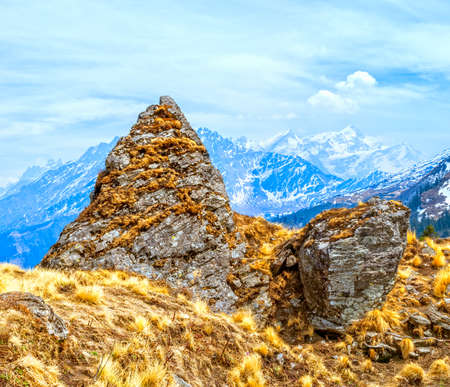Rock detail on Himalayan landscape in springtime, India.の写真素材