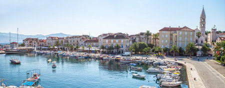 SUPETAR, CROATIA - JULY 24, 2014: Small port with fishing boats in the early morning on Island Brac.