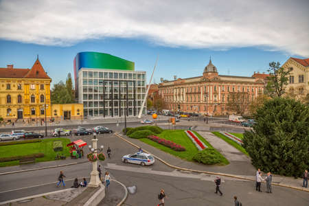 ZAGREB, CROATIA - October 14, 2014: The new building of the Academy of Music at the Marshal Tito Square, view from the National Theatre building.のeditorial素材