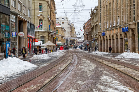 ZAGREB, CROATIA - December 28, 2014: Winter scene of the Ilica , the longest street in the capital of Croatia.のeditorial素材