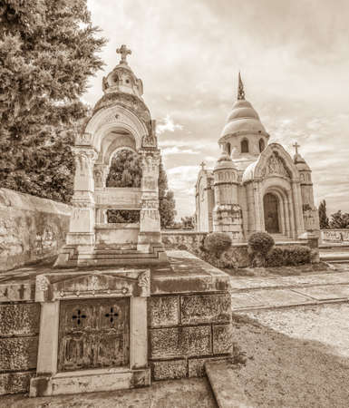SUPETAR, CROATIA - July 23, 2014 Black and white shot of the old traditional cemetery with Mausoleum of the family Petrinovic on island Brac, Croatia.のeditorial素材