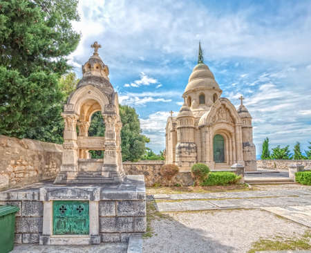 SUPETAR, CROATIA - July 23, 2014 Old traditional cemetery with Mausoleum of the family Petrinovic on island Brac, Croatia.のeditorial素材