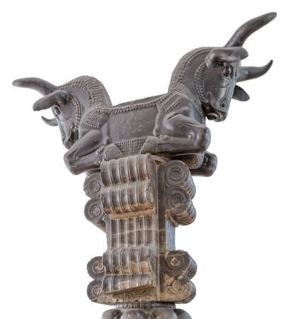 TEHRAN, IRAN - MAY 1, 2015: Stone capital of two oposing bull heads removed from Persepolis in the National Archaeological Museum of Iran.のeditorial素材