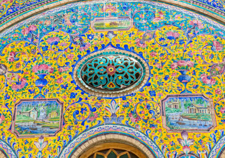 Colorfull painted tiles, decoration detail of Golestan Palace former royal Qajar complex in capital city. Tehran, Iran.のeditorial素材