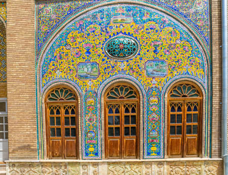 Windows and colorfull tiles of Golestan Palace former royal Qajar complex in capital city. Tehran, Iran.のeditorial素材