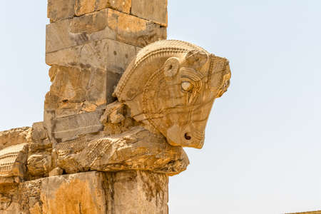Taurus head part of the old wall of the ruins of old city Persepolis.の写真素材