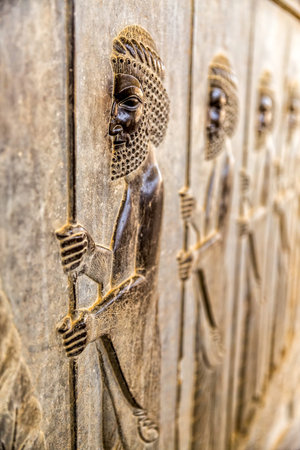 Guardians also known as the Immortals holding a spear, relief detail on the stairway facade of the...