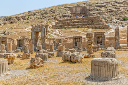Ruins of old city Persepolis, a detail of a colum and Persian construction techniques in a capital of the Achaemenid Empire 550 - 330 BC.の写真素材