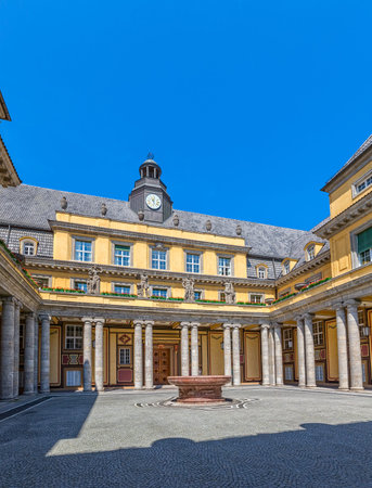 MUNICH, GERMANY - JUNE 4, 2015: Courtyard of the old building on Koniginstrasse 107, castle-like complex built in 1912-13 by Oswald E. Bieber and Wilhelm Hollweck, near English garden.のeditorial素材
