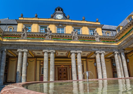 MUNICH, GERMANY - JUNE 4, 2015: Courtyard of the old building on Koniginstrasse 107, castle-like complex built in 1912-13 by Oswald E. Bieber and Wilhelm Hollweck, near English garden.のeditorial素材
