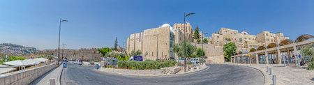 JERUSALEM, ISRAEL - JUNE 19, 2015: Panoramic view from the Dung Gate to the entrance of the Western...