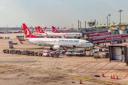 ISTANBUL, ISRAEL - JUNE 20, 2015: Aerial view of the Turkish airlines airplanes at the airport ready for boarding.のeditorial素材