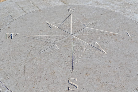 Compass engraved on the stone pier, Tucepi town.の写真素材