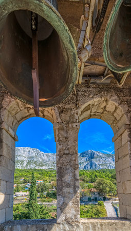 View from the St. Anthony church bell tower in old village Tucepi in Dalmatia.の写真素材