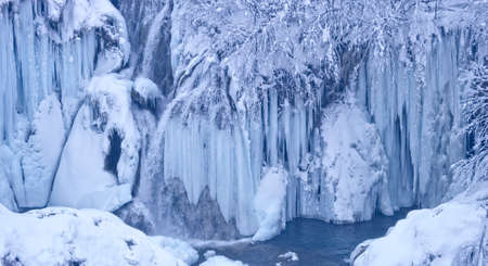 Plitvice lakes frozen waterfallsの写真素材