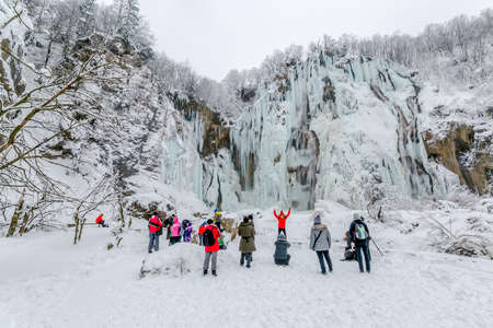Plitvice lakes winter large waterfallのeditorial素材