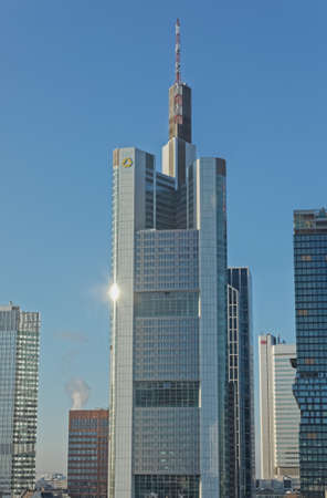 Frankfurt Commerzbank Tower Deutsche Bank tower aerial viewのeditorial素材