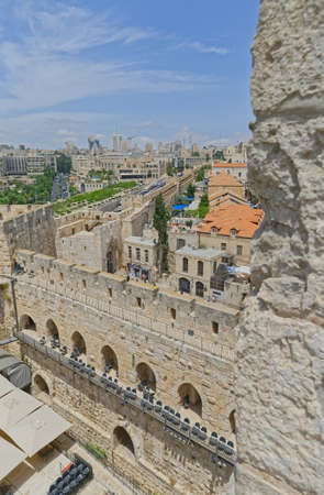 View of the Tower of David courtyard and new Jerusalem in the backgroundのeditorial素材