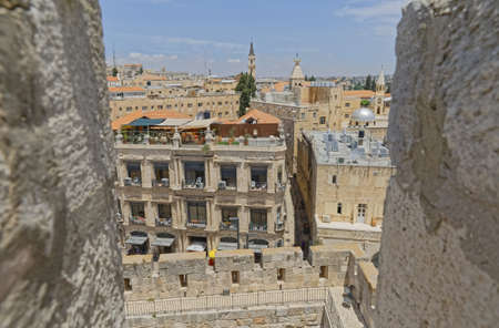 Greek Patriarchate Road through the loophole of the Tower of David in Jerusalemのeditorial素材