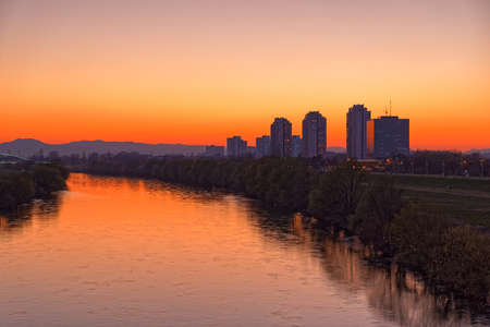 Sunset on the Sava River in Zagrebの写真素材