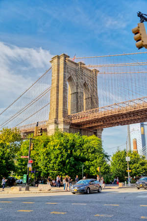NEW YORK, USA - OCTOBER 1, 2018: Brooklyn Bridge pylon view from the Park.の写真素材