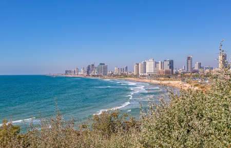 TEL AVIV, ISRAEL - MAY 24, 2017: City sunny beach, panoramic view from Jaffa seaside.のeditorial素材