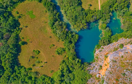 Aerial view of Brljan lake in Croatia in canyon of the Krka Riverの写真素材