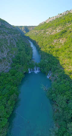 Aerial view of waterfall in canyon of the Krka River in Croatiaの写真素材