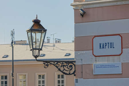 Zagreb, Croatia - April 16, 2020: The beginning of the famous Zagreb Kaptol Street, where the Catholic Church is located in Croatia, with a characteristic street lamp on the facade.のeditorial素材