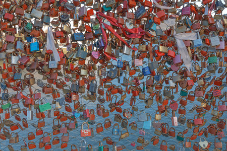 Colorful love locks on Makartsteg bridge in Salzburg Austria