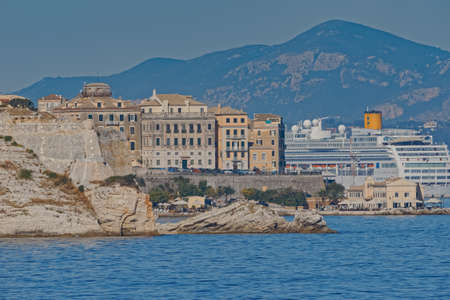Waterfront promenade by Venetian fortress in Corfu town Greeceのeditorial素材