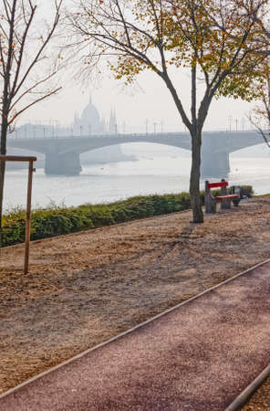 Budapest promenade by the Margaret bridgeの写真素材