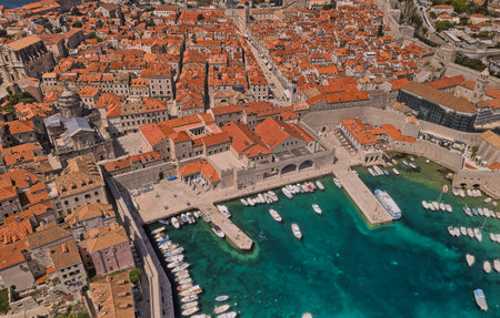 Dubrovnik old town harbor panorama drone shotのeditorial素材