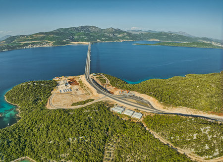 Aerial view of the Peljesac bridge at duskの写真素材