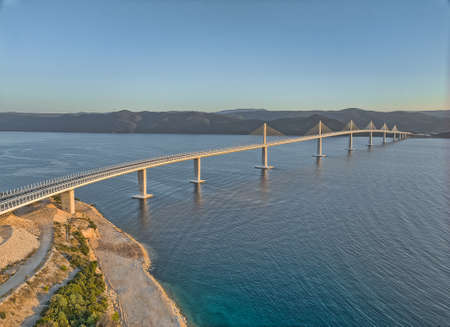 Aerial view of the Peljesac bridge at duskの写真素材