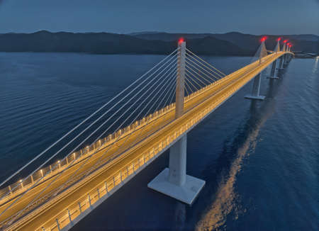 Aerial of the Peljesac bridge at duskの写真素材