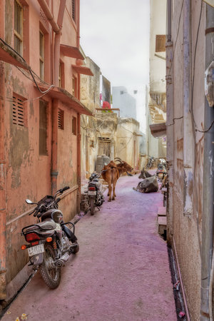 Pushkar peacefull narrow street in Rajasthan Indiaのeditorial素材