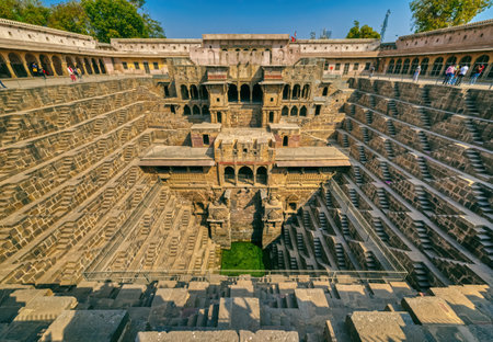 A panorama view across the giant Ancient Chand Baori Stepwell of Abhaneriのeditorial素材