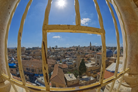 Fisheye lens shot of the panoramic view of the old city of Jerusalemのeditorial素材